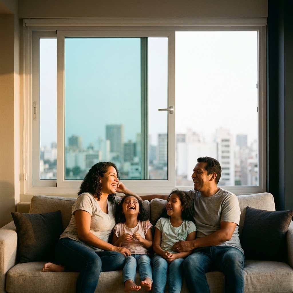 Familia en su sala disfrutando una ventana de PVC de NEFUSAC