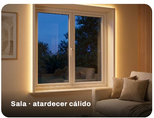 Ventana de PVC blanca con halo LED al atardecer en una sala