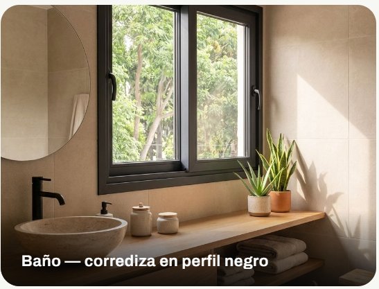 Ventana corrediza de PVC con perfil negro en un baño