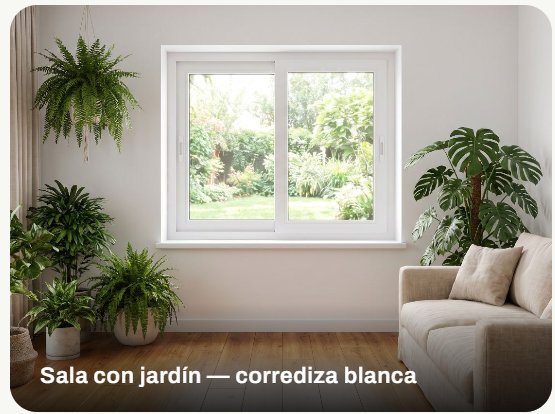 Ventana corrediza de PVC blanca en una sala con vista al jardín