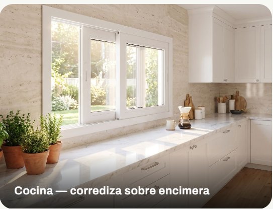 Ventana corrediza de PVC sobre la encimera de una cocina