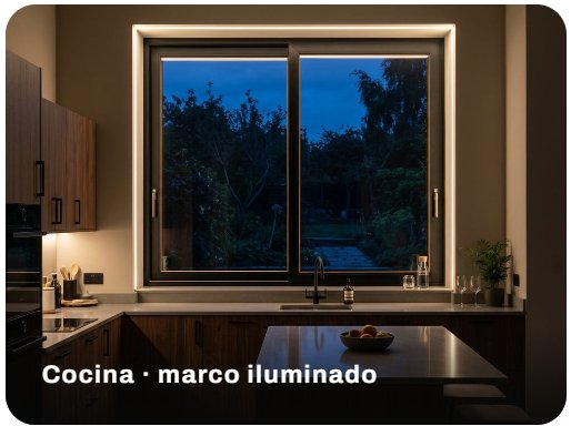 Ventana corrediza de PVC con LED perimetral encendido en una cocina