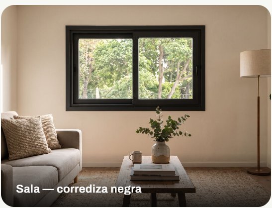 Ventana corrediza de PVC negra en una sala de estar