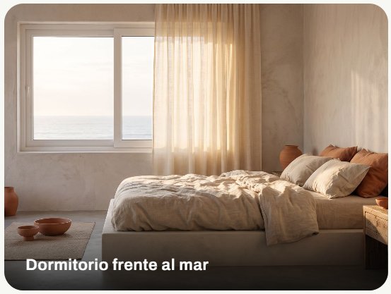 Ventana de PVC en un dormitorio frente al mar al atardecer