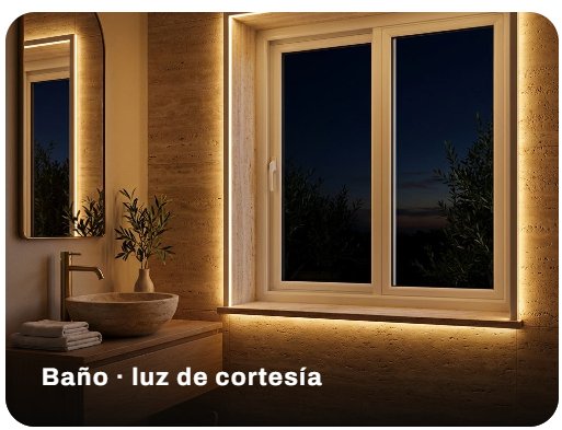 Ventana de PVC con LED perimetral en un baño en travertino