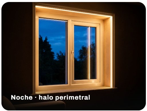Ventana de PVC con halo de LED perimetral en un ambiente nocturno