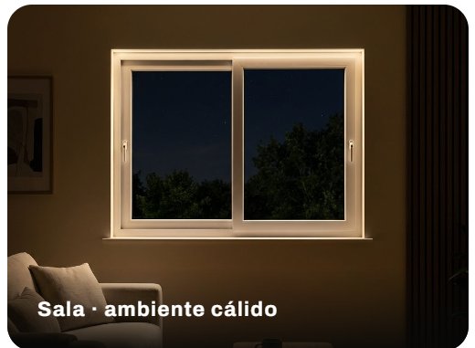 Ventana de PVC con luz LED perimetral encendida en una sala