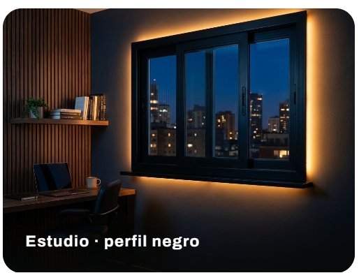 Ventana de PVC negra con LED perimetral en un estudio