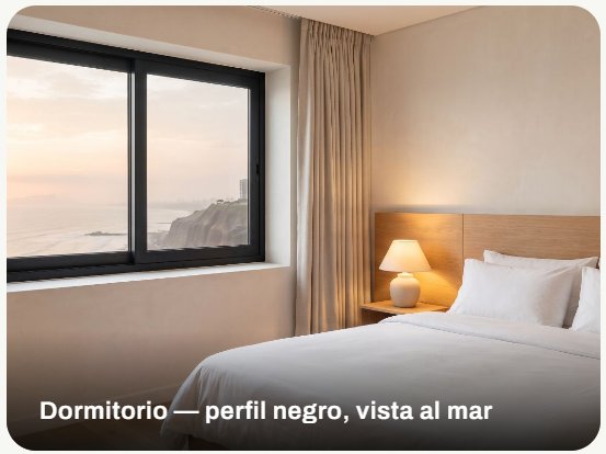 Ventana de PVC con perfil negro en un dormitorio con vista al mar